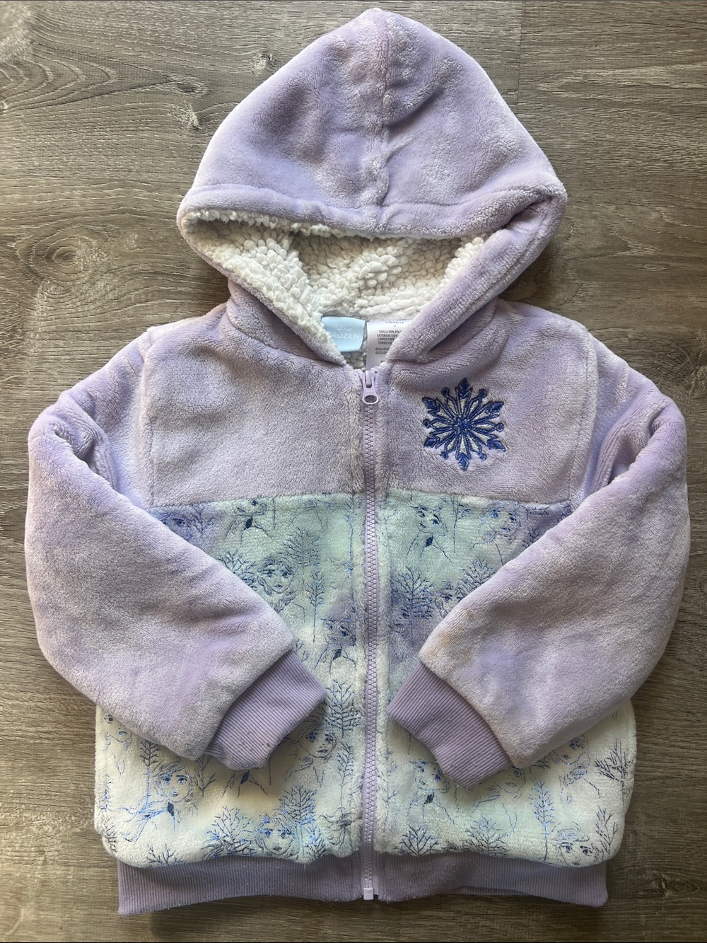 Disney Girls Frozen Purple Cozy Hooded Zip Fleece Jacket Snowflake Size 6